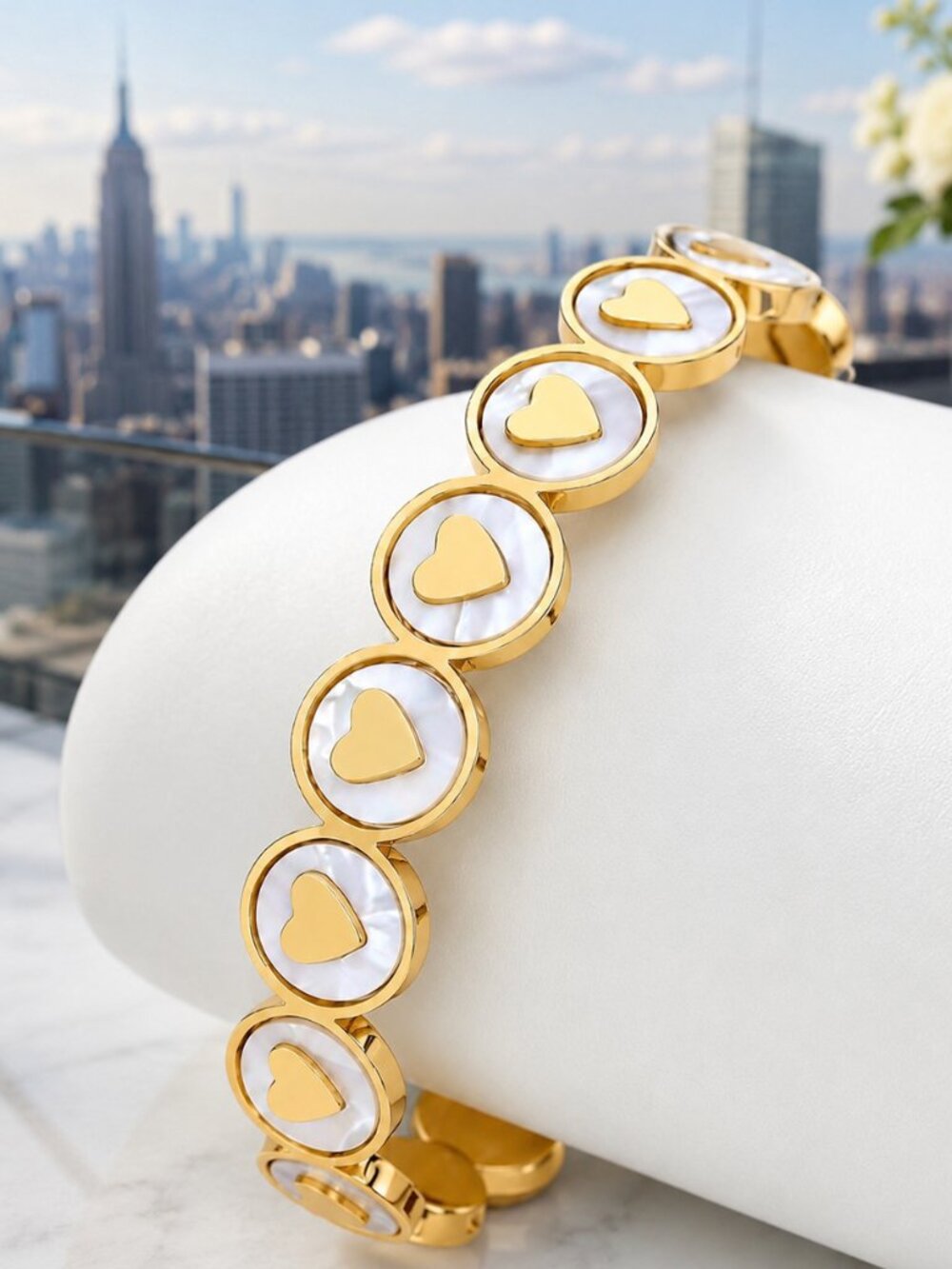 Gold Heart Link Bracelet with White Inlay - Women Jewelry